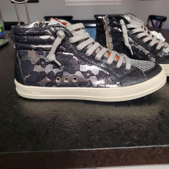 P448 Silver Leather and Black Lace Metallic Fashion High Tops - Picture 14 of 14